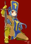  1boy 1girl :o blue_hair bodystocking bodysuit boots dragon_quest gloves hat holding holding_sword holding_weapon long_hair looking_at_viewer mota orange_eyes priest_(dq3) red_background simple_background solo squatting sword tabard weapon 