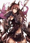  1girl armpits black_shirt black_skirt breastplate brown_hair closed_mouth commentary_request cowboy_shot doraf dual_wielding forte_(shingeki_no_bahamut) gauntlets granblue_fantasy holding holding_weapon horns inaba_sunimi lance long_hair looking_at_viewer looking_to_the_side miniskirt navel pauldrons polearm red_eyes shingeki_no_bahamut shirt side_glance skirt skirt_set sleeveless sleeveless_shirt solo stomach weapon white_background 