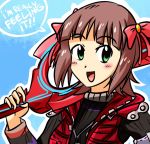  1girl amami_haruka blade blush brown_hair cosplay green_eyes hair_ribbon i_am_jemboy idolmaster open_mouth ribbon short_hair shulk shulk_(cosplay) sword weapon xenoblade 