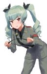  1girl anchovy blush breasts drill_hair figurehead_(artist) girls_und_panzer green_hair leaning_forward necktie red_eyes riding_crop solo tongue tongue_out uniform 