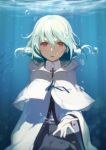  1girl air_bubble aqua_hair blue bubble capelet commentary_request floating_hair gloves highres hitoshi_(hitoishi_14n2i5) light_rays looking_at_viewer original red_eyes short_hair solo underwater water white_gloves 