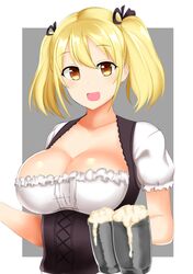  1girl absurdres alcohol andy_(luffytaku) beer beer_mug blonde_hair breasts dirndl german_clothes hair_ribbon highres large_breasts open_mouth original ribbon short_twintails solo twintails underbust waitress yellow_eyes 