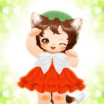 1girl :3 ;d animal_ears brown_hair cat_ears cat_tail chen dress eyelashes floral_background gradient gradient_background hat jewelry mob_cap multiple_tails one_eye_closed open_mouth orange_eyes paw_pose red_dress ribbon single_earring smile solo souri tail touhou younger 