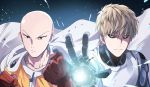  2boys bald brown_hair clenched_hand collarbone eunram genos gloves looking_at_viewer male_focus multiple_boys multiple_girls one-punch_man red_gloves saitama_(one-punch_man) short_hair 