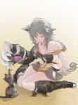  1girl :3 animal animal_ears bare_shoulders black_cat breasts cat cat_ears cat_paws cat_teaser claw_(weapon) cleavage closed_mouth collar dress ears_down erun_(granblue_fantasy) gloves granblue_fantasy grey_hair highres long_hair looking_down medium_breasts n9+ off_shoulder orange_eyes paw_gloves paws sen_(granblue_fantasy) sitting solo strap_slip wariza weapon 