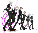  2girls boots dangan_ronpa dangan_ronpa_3 flipped_hair formal gloves hair_ribbon highres hinata_hajime kirigiri_kyouko komaeda_nagito long_hair multiple_boys multiple_girls naegi_makoto nanami_chiaki parody pink_eyes ponytail psycho-pass purple_hair ribbon short_hair suit togami_byakuya violet_eyes 