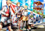  1girl 5boys :d aku-usagi artist_name blonde_hair blue_eyes blue_sky brown_hair clenched_hand fujiwara_takeru glasses green_eyes green_hair hand_on_hip hasekura_heath jacket kadowaki_ayumu kohinata_hozumi long_hair male_focus multiple_boys open_mouth outdoors prince_of_stride red_eyes sakurai_nana shoes shorts sky smile sneakers sportswear standing stretch track_jacket twintails yagami_riku 