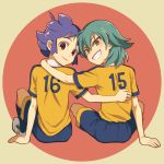  2boys from_behind green_hair grin inazuma_eleven_(series) inazuma_eleven_go kariya_masaki looking_at_viewer looking_back male_focus multiple_boys purple_hair raimon raimon_soccer_uniform riho sitting smile soccer_uniform sportswear yellow_eyes 