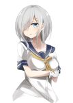  1girl :o breasts collarbone gloves hair_ornament hair_over_one_eye hairclip hamakaze_(kantai_collection) hand_on_own_chest highres kantai_collection large_breasts long_hair miyabino_(miyabi1616) neckerchief open_mouth school_uniform serafuku short_sleeves silver_hair simple_background solo upper_body white_background white_gloves 