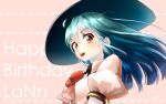 1girl :d blue_hair blush bow breasts from_below happy_birthday hat hinanawi_tenshi long_hair looking_at_viewer open_mouth puffy_short_sleeves puffy_sleeves red_eyes short_sleeves small_breasts smile solo teeth touhou u-eruto 