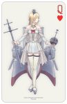  1girl blonde_hair breasts card cleavage corset crown garter_straps highres kantai_collection long_hair looking_to_the_side playing_card rigging solo taruya thigh-highs turret warspite_(kantai_collection) white_legwear 