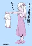  1girl blonde_hair blue_background brown_eyes commentary_request dress flower gym_shirt hair_flower hair_ornament hikawa79 holding_shirt kantai_collection long_hair looking_at_viewer ro-500_(kantai_collection) shirt shoes sketch sleeveless sleeveless_dress solo tan translated 