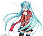  1girl absurdres aqua_eyes aqua_hair bangs black_skirt boots brown_coat buttons closed_eyes coat hair_ornament happy_birthday hatsune_miku highres long_hair nissanote red_scarf scarf simple_background skirt smile snow solo thigh-highs thigh_boots twintails very_long_hair vocaloid white_background 