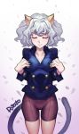  1girl animal_ears artist_name breasts cat_ears cat_tail closed_eyes curly_hair eyelashes hands_on_own_chest hunter_x_hunter nefelpitou parted_lips petals potato_(sksnabi) short_hair shorts silver_hair skindentation solo tail 