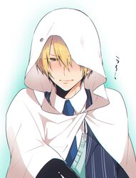  1boy blonde_hair blue_eyes blue_necktie blush cloak embarrassed hato_yu-ki hood hooded_cloak looking_down male_focus necktie solo tearing_up tears torn_clothes touken_ranbu upper_body yamanbagiri_kunihiro 