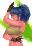  1girl black_gloves blue_eyes blue_hair breasts covered_nipples crop_top earrings fighting_stance gloves hifumi_(art_sky_littel) jewelry large_breasts leona_heidern lips long_hair midriff nose ponytail solo the_king_of_fighters 