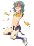  1boy aqua_hair blush clenched_teeth full_body inazuma_eleven_(series) inazuma_eleven_go kariya_masaki male_focus nipples raimon raimon_soccer_uniform riho simple_background soccer_uniform solo sportswear teeth torn_clothes white_background yellow_eyes 