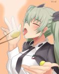  1girl anchovy black_necktie black_ribbon capelet chopsticks commentary_request dateya_torahachi girls_und_panzer green_hair hair_ribbon highres long_hair necktie open_mouth orange_background ribbon simple_background steam tongue tongue_out twitter_username upper_body 