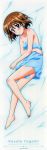  1girl absurdres bed_sheet blue_eyes blue_towel brown_hair character_name collarbone copyright_name dakimakura from_above highres huge_filesize looking_at_viewer lying lyrical_nanoha mahou_shoujo_lyrical_nanoha mahou_shoujo_lyrical_nanoha_a&#039;s mahou_shoujo_lyrical_nanoha_the_movie_2nd_a&#039;s naked_towel on_side short_hair smile solo towel yagami_hayate 
