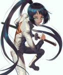  1girl black_hair cozy green_eyes holding holding_weapon jumpsuit katana long_hair looking_at_viewer original ponytail scabbard sheath sheathed simple_background smile solo star sword very_long_hair weapon 