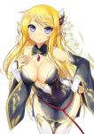  1girl 47agdragon bangs bare_shoulders black_dress blonde_hair blue_eyes blush breasts cleavage cover cover_page detached_collar detached_sleeves dress elf hair_ornament hand_on_hip highres isekai_no_hime_wa_ore_no_mono!_elf_musume_to_yarakasu_cheat_goudatsu_seikatsu large_breasts leaning_forward long_hair looking_at_viewer mina_(isekai_no_hime_wa_ore_no_mono!) novel_cover official_art original pelvic_curtain pointy_ears side_slit simple_background smile solo thigh-highs white_background white_legwear wide_sleeves 