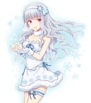  1girl asymmetrical_gloves barufoa blue_ribbon breasts cleavage collar collarbone dress gloves hair_ornament hairband idolmaster long_hair medium_breasts ribbon shijou_takane silver_hair snowflake_liliput solo strapless strapless_dress violet_eyes white_dress white_gloves white_hairband 