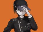  1boy adjusting_clothes adjusting_hat baseball_cap black_hair dangan_ronpa enpitsu_(enpi_tts) gakuran green_eyes hat male_focus new_dangan_ronpa_v3 orange_background school_uniform simple_background solo upper_body 