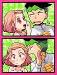  1boy 1girl 2koma black_hair blush choker comic earrings frown green_eyes hairband haku_le headband jewelry jojo_no_kimyou_na_bouken kishibe_rohan multicolored_hair open_mouth pink_eyes pink_hair raised_eyebrow ring smile sugimoto_reimi sweatdrop translated two-tone_hair 