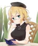  1girl alternate_costume aqua_eyes black-framed_eyewear black_blouse blouse book breasts chair glasses hat i-8_(kantai_collection) kantai_collection looking_at_viewer low_twintails peaked_cap plant reading sailor_hat semi-rimless_glasses sitting solo table twintails unajuu under-rim_glasses 