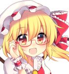  1girl :d adjusting_glasses bespectacled blonde_hair blush bow commentary eyebrows eyebrows_visible_through_hair flandre_scarlet glasses hair_between_eyes hair_bow hat highres looking_at_viewer mob_cap open_mouth orange_eyes portrait puffy_sleeves red-framed_eyewear red_bow ruhika semi-rimless_glasses side_ponytail simple_background smile solo touhou under-rim_glasses white_background white_hat wings wrist_cuffs 