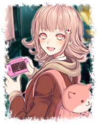  1girl akapii_(jun_0512) backpack bag blush dangan_ronpa dangan_ronpa_3 flipped_hair game_console hair_ornament highres hood hoodie nanami_chiaki pink_eyes school_uniform short_hair smile solo 