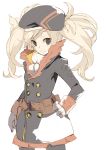 1girl belt belt_pouch beret blonde_hair coat cowboy_shot fur_trim gloves grey_eyes hand_on_hip hat long_hair looking_at_viewer original parted_lips pouch scar scar_across_eye scarf shiromiso simple_background slit_pupils solo twintails white_background white_gloves 
