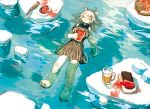  1girl afloat alcohol bear beer beer_mug blood book breasts closed_eyes closed_mouth dress food from_above full_body furry holding holding_book iceberg knife long_hair lying meat medium_breasts on_back original personification pizza polar_bear sleeveless sleeveless_dress smile solo striped striped_dress water white_hair zinbei 