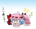  1girl :3 bent_over blue_hair bow chibi commentary crying dress full_body gradient gradient_background hair_bow hat mob_cap multicolored_background noai_nioshi open_mouth pink_dress puffy_short_sleeves puffy_sleeves red_bow remilia_scarlet ribbon-trimmed_clothes ribbon_trim short_sleeves smile solo standing stitches streaming_tears tears touhou translated two-tone_background |_| 