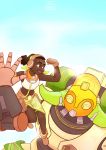  2girls black_hair brown_eyes cosmosbadger crop_top dark_skin efi_oladele facepaint fist_bump gloves headphones highres jewelry multiple_girls necklace omnic on_shoulder orisa_(overwatch) overwatch robot size_difference thick_eyebrows very_dark_skin 