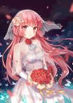  1girl bouquet bride choker dress expressionless flower girls_frontline hair_flower hair_ornament highres long_hair looking_at_viewer ntw-20_(girls_frontline) pink_eyes pink_hair red_rose rose see-through shawl solo veil white_dress yuhuan 