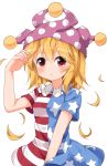  1girl alternate_hair_length alternate_hairstyle american_flag_dress blonde_hair blush closed_mouth clownpiece dress frown hat highres jester_cap neck_ruff polka_dot red_eyes ruu_(tksymkw) short_dress short_hair short_sleeves simple_background solo star star_print striped sweatdrop touhou upper_body white_background 