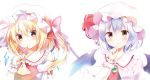  2girls arm_garter ascot bat_wings blonde_hair bloom blush bow brooch crystal flandre_scarlet frilled_shirt_collar frills hat hat_bow hat_ribbon highres hyurasan jewelry lavender_hair looking_at_viewer mob_cap multiple_girls parted_lips puffy_short_sleeves puffy_sleeves red_bow red_eyes red_ribbon remilia_scarlet ribbon short_sleeves siblings side_ponytail sisters smile spoon touhou upper_body wings wrist_cuffs 