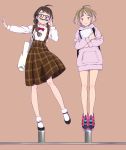  2girls ahoge braid brown_hair commentary_request glasses highres hood hoodie kamogawa_(kamogawa_sodachi) mary_janes multicolored_hair multiple_girls original purple_hair shoes short_hair sneakers tiptoes twin_braids two-tone_hair 