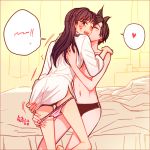  2girls bare_shoulders bed bed_sheet black_panties blush breasts brown_eyes brown_hair cheek_kiss collarbone cowboy_shot cup curtains d.va_(overwatch) dress_shirt ear_piercing eyebrows eyebrows_visible_through_hair facepaint facial_mark from_behind hand_on_another&#039;s_back hand_on_another&#039;s_shoulder heart hooreng kiss long_hair long_sleeves looking_back medium_breasts multiple_girls navel on_bed open_mouth overwatch panties panty_pull piercing shirt shirt_pull short_hair sitting sitting_on_bed spiky_hair spoken_heart stomach striped striped_panties sweatdrop topless tracer_(overwatch) underwear whisker_markings white_shirt window yuri 