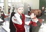  arm_at_side bandaid_on_forehead black_jacket blazer blurry bow bowtie brown_hair chair classroom collared_shirt depth_of_field desk door faceless female_protagonist_(persona_3) grey_hair hair_ornament hairclip headphones headphones_around_neck hetero high_ponytail holding_jacket indoors jacket jacket_removed locker long_sleeves looking_at_another minato_(robin) multiple_boys multiple_girls neck_ribbon peeking_out persona persona_3 persona_3_portable ponytail red_bow red_bowtie ribbon sanada_akihiko school_desk school_uniform shirt short_ponytail silver_hair sweater_vest upper_body white_shirt 