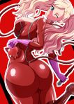  1girl aokura_shou ass blonde_hair blue_eyes bodysuit breasts cat_mask gloves hair_ornament hairclip highres huge_ass long_hair looking_at_viewer medium_breasts one_eye_closed persona persona_5 pink_gloves smile solo takamaki_ann thighs twintails whip zipper 
