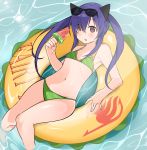  1girl animal_ears bikini blue_hair blush brown_eyes fairy_tail fake_animal_ears flat_chest innertube long_hair looking_at_viewer mikagelove navel popsicle solo sunglasses sunglasses_on_head swimsuit triangle_mouth twintails water watermelon_bar wendy_marvell 
