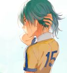  1boy dripping from_behind green_hair hot inazuma_eleven_(series) inazuma_eleven_go kariya_masaki male_focus raimon raimon_soccer_uniform riho soccer_uniform solo sportswear sweat sweating upper_body 