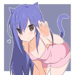  1girl animal_ears bent_over blue_hair blush brown_eyes cat_ears cat_tail fairy_tail heart kemonomimi_mode leaning_forward long_hair looking_at_viewer mikagelove nightgown paw_pose simple_background smile solo tail tattoo wendy_marvell 