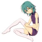  1boy aqua_hair crop_top full_body inazuma_eleven_(series) inazuma_eleven_go kariya_masaki legs looking_at_viewer male_focus midriff navel no_shoes pink_legwear riho shorts simple_background sitting sleeveless smile solo thigh-highs white_background yellow_eyes 