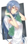  1girl blue_hair blush breasts closed_mouth commentary_request drying_hair from_side highres large_breasts long_hair looking_at_viewer looking_to_the_side onineko-chan original red_eyes shirt short_sleeves solo steam t-shirt towel upper_body white_shirt 