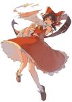  1girl bow brown_eyes brown_hair detached_sleeves fighting_stance full_body hair_bow hair_tubes hakurei_reimu highres japanese_clothes loafers long_hair long_skirt miko pisoshi ponytail red_bow sarashi shoes skirt solo touhou white_background 