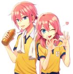  2boys androgynous blue_eyes bottle heart heart_hands inazuma_eleven_(series) inazuma_eleven_go kariya_masaki kariya_masaki_(mixi_max_kirino_ranmaru) kirino_ranmaru looking_at_viewer male_focus multiple_boys one_eye_closed open_mouth pink_hair raimon raimon_soccer_uniform riho simple_background soccer_uniform sportswear twintails water_bottle white_background 