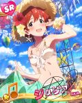  1girl artist_request blue_eyes character_name earrings faceless faceless_male flower hair_flower hair_ornament hat idolmaster idolmaster_million_live! jewelry julia_(idolmaster) midriff musical_note necklace redhead scrunchie short_hair signature solo_focus straw_hat swimsuit wrist_scrunchie 